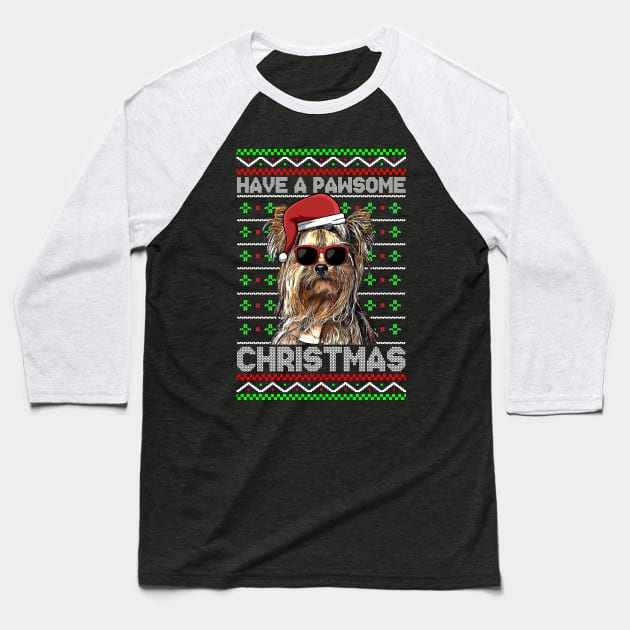 Yorkshire Terrier Dog Funny Pawsome Christmas Baseball T-Shirt by TheBeardComic